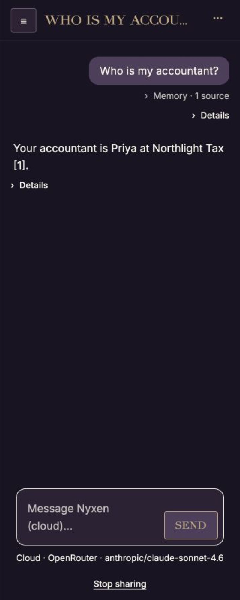 A chat answer with a collapsed memory line