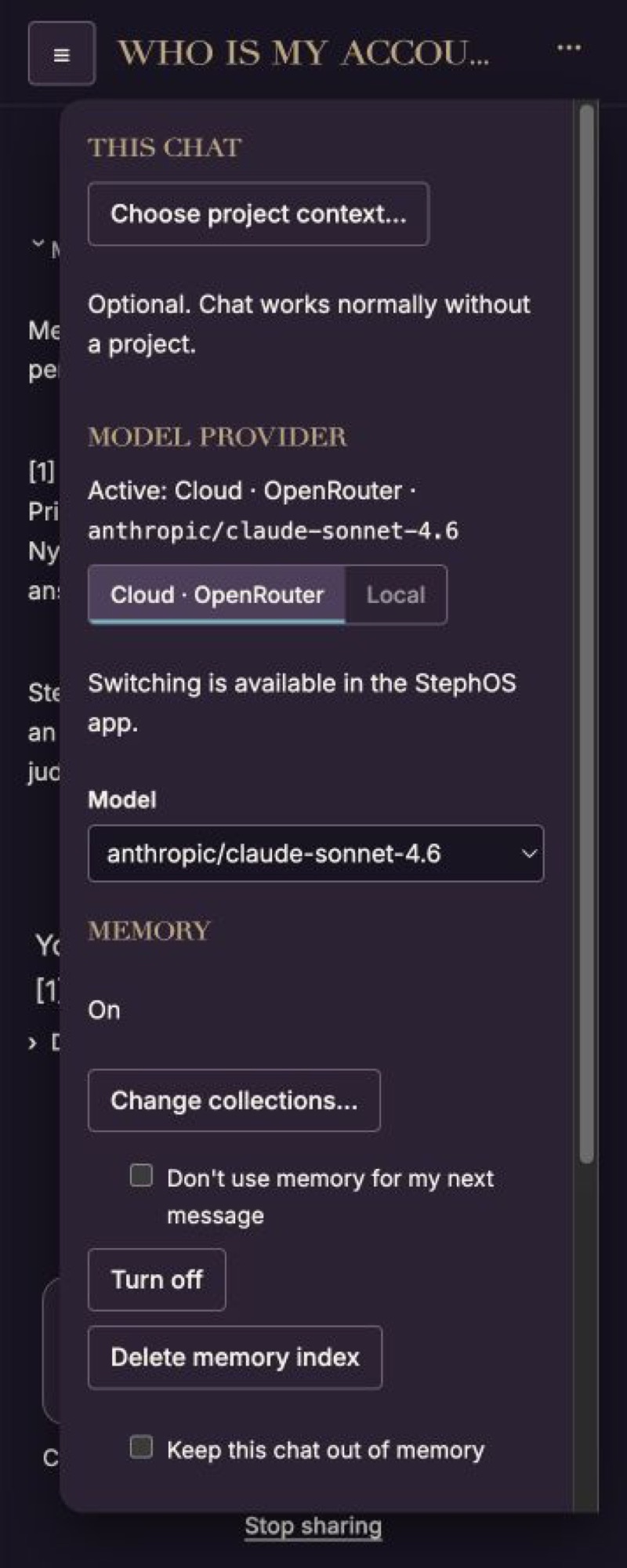 StephOS memory controls panel
