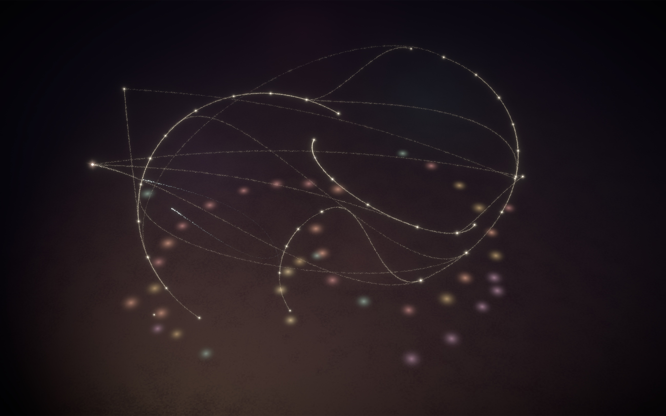 A still from the living portfolio: gold trails of light connecting points that stand for ideas, decisions and evidence
